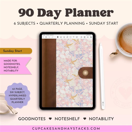 Quarterly 90 Day Digital Planner for Goodnotes, Sunday Start, Hyperlinked Floral Portrait Planner