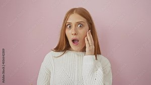 Shocked and afraid, young redhead woman stands frozen in surprise - an expression of pure shock. excitement and fear play across her face amidst a pink background. sweater-clad, fearful yet electric.