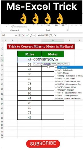 Ms-Excel Trick to Convert Miles to Meter😲#excel#exceltips#excelformula#exceltutorial#excelshorts