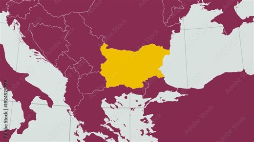 Bulgaria map. Animated zoom into the country on the Globe in Pale Mint Dark Pink color palette. Country logo animation with round text and airplanes. Map with meridians, parallels. Vibrant video.