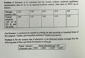 Problem 4Brunauer et al. concluded that the Temkin isotherm ex... | Filo