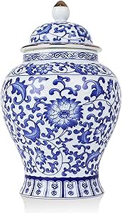 Chinoiserie Blue White Ginger Jars,7.6" Ceramic Decorative Ginger Jar With Lid,Porcelain Vases Decor for Living Room,Bedroom -Medium (Lotus)