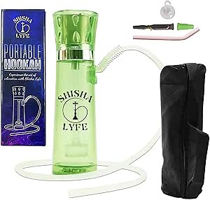 SHISHA LYFE Portable Hookah Mini Cup Set - Transparent (Green) Shisha for Car & Travel with LED Lights, Silicone Hose Pipe, Anti-Scald, Charcoal Holder, Tongs, Reusable Straw, Case Cover Protection