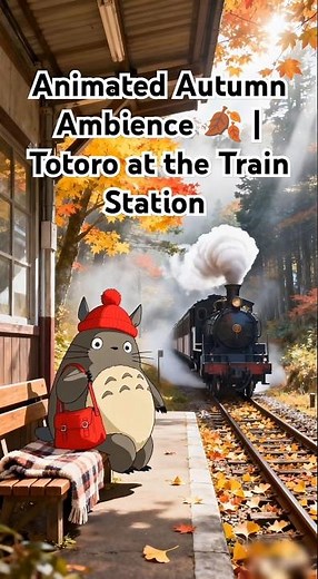 Animated Autumn Ambience 🍂 | Totoro at the Train Station #Shorts