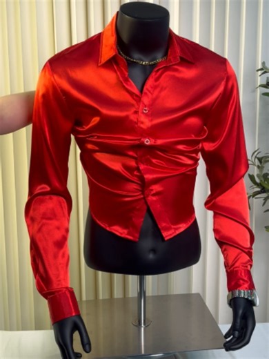 Mens Shiny Luxury Satin Slim Fit Dress Shirts Silk-Like Glossy Long Sleeve Button Down Shirts for Wedding Party Prom,sohochic#MensFashion #OOTD #weddinginspo #cowboy #outfitinspo #redshirt