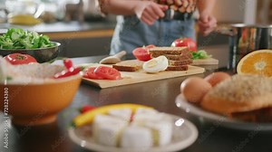 Excited cook dancing in background with kitchen countertop full of ingredients