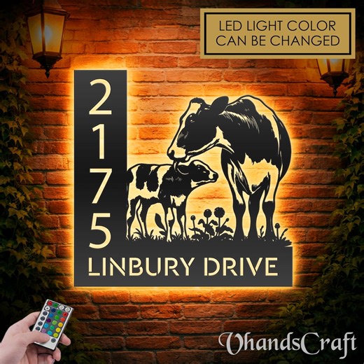 Personalized Cow and Calf LED Address Sign - Custom Metal House Number Plaque - Etsy Canada