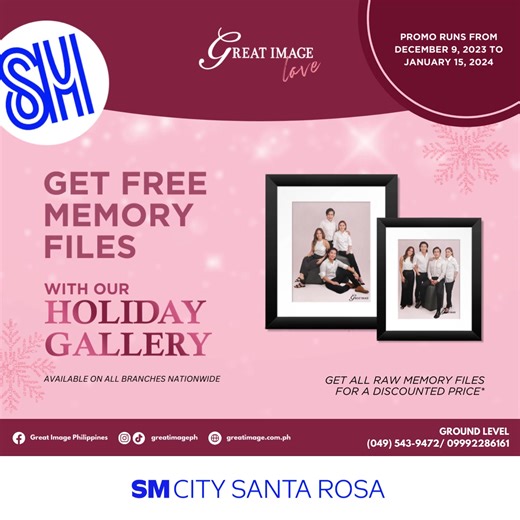 1.3K views | EXCLUSIVE OFFER! GET FREE Memory Files (soft copies) when you avail one of our Holiday Gallery! Promo runs from December 9, 2023 to January 31, 2024, available on ALL branches NATIONWIDE! Visit a branch near you! #EverythingsHereAtSM #GreatImagePhilippines | SM City Santa Rosa | Facebook