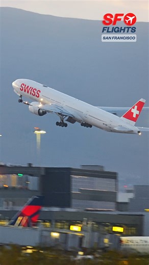🌅 Sunset Departure! 🇨🇭 SWISS Boeing 777 Powerful Takeoff at SFO ✈️ Flight to Zurich (ZRH) -- #SwissAirlines #Boeing777 #SFOAirport #SunsetTakeoff #FlightDeparture #PlaneSpotting #AviationLovers #sfflights | SF.Flights