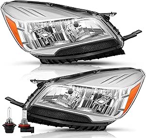 Headlight Assembly Set with Bulbs for 2013 to 2016 Ford Escape Left Driver and Right Passenger Side (Chrome Housing with Amber Reflector)