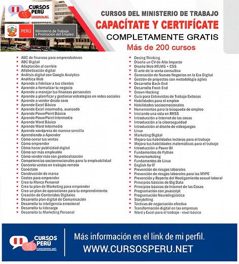 ✔ Cursos virtuales gratis del Ministerio de Trabajo y Promoción del Empleo (MTPE) ✅Más info en el link del perfil 🏅Certificado Gratis #cursovirtual #cursogratis #educación #certificadográtis #mtpe | Cursos Perú