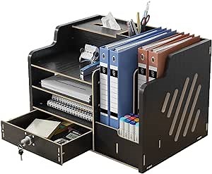 Vanshiga Multi-Compartments Document File Organizer, Desktop Organizer with Drawer and Tissue Box, Small MDF Wood Stationary Storage Organize Caddy Holder for Home, Office and School (Black A)