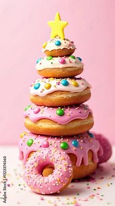 colorful donut christmas tree stacked with pink icing, candy decorations, and yellow star topper on pink background. concept of festive desserts, sweet treats, and creative holiday decor.