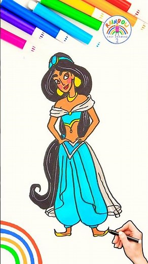 Draw Disney Princess Easy | How to Draw Princess Jasmine 🌈💙 #disney #princess #shorts #girl #draw
