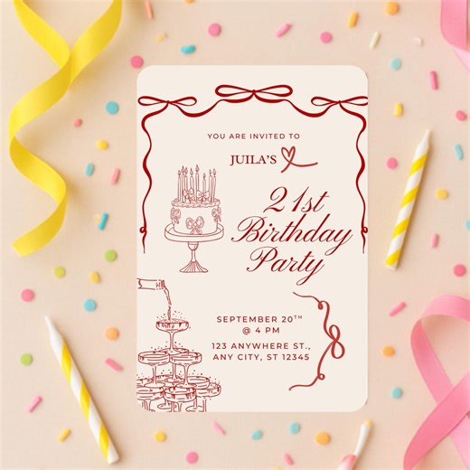 Elegant Red 21st Birthday Party Invitation | Digital Printable Invitation | Chic Cake & Champagne Design - Etsy