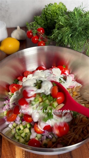 High-Protein Bone-Healthy Greek Orzo Pasta Salad linked in bi0 or go to Cookingforpeanuts dot com and search GREEK ORZO Love, Nisha #orzo #healthysalad #pasta