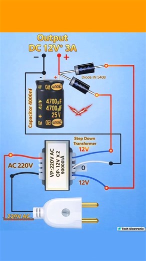 12V Power Supply Circuit Diagram ⚡ Step by Step Full Guide #electronic #powersupply #diy #shorts