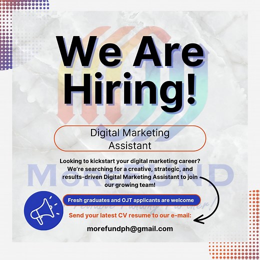 🚀 We're Hiring: Digital Marketing Assistant! 🚀 Are you passionate about digital marketing and ready to make an impact? Join our team and help drive exciting campaigns that engage and inspire! 📌 Position: Digital Marketing Assistant 📍 Location: Marikina City 💼 Responsibilities: • Assist in creating and executing digital marketing campaigns • Manage social media accounts and content creation • Analyze performance metrics and optimize strategies • Collaborate with the team on innovative market