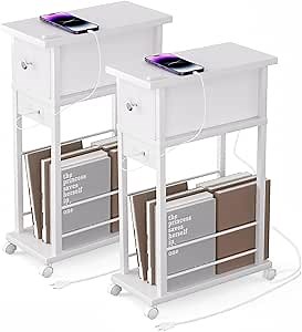 DGSANDGO White Side Table Set of 2,Side Table with Charging Station and Drawer, Narrow End Table with USB Ports and Outlets for Small Space, Living Room, Bedroom and Office, with 4 Wheels