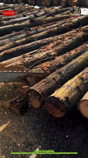 Log Cutting Process Using a Chainsaw at a Timber Storage Area #woodcutting