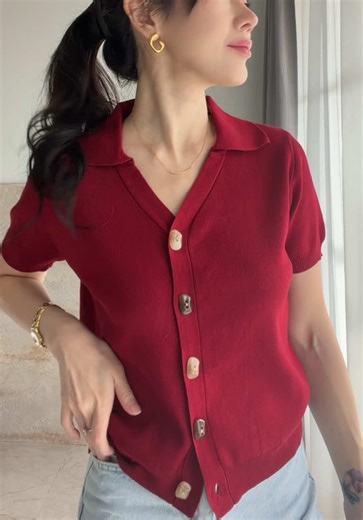 Stylish Red Knit Top with Cute Buttons for Office Wear