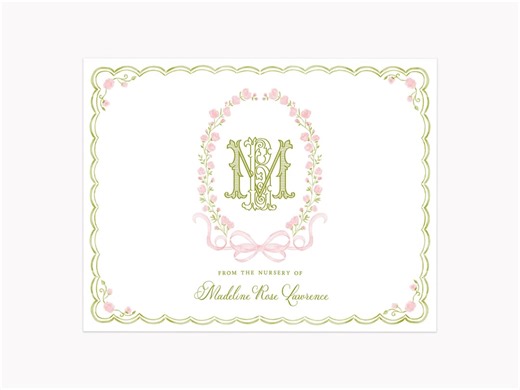 Coquette Rose Crest Note Cards | Custom A2 Folded Grandmillennial Monogram Stationery With Envelopes - Etsy