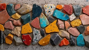 A macro view of a terrazzo countertop showcasing its speckled surface made up of colorful chips of marble quartz or glass creating a unique and eyecatching look.