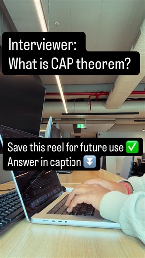 Arun Garg | Code Meets Tech on Instagram: "This is one of the most important concepts in distributed systems interviews. What is the CAP Theorem? CAP says a distributed system can guarantee only two out of three at the same time: 1️⃣ Consistency (C) Every read gets the latest correct data. All nodes see the same value. 2️⃣ Availability (A) Every request gets a response. System never says “no response”. 3️⃣ Partition Tolerance (P) System keeps working even when network failures happen between nod