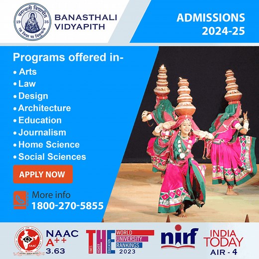 Admissions open for 2024-25 Banasthali Vidyapith, the highest NAAC accredited university of India announces admissions for various UG and PG programmes. Last date of Application: 30th April, 2024 For more details, Please visit : 👇👇http://www.banasthali.org/banasthali/admissions or call (Toll free): 1800-270-5855 | Banasthali Vidyapith