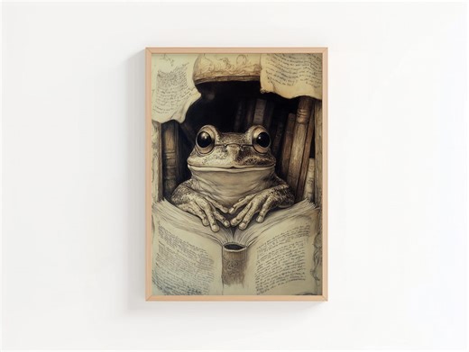 Rustic Frog in Cozy Book Nook - Cottagecore Vintage Sepia Print, Cute Storybook Scene, Cottage Library Illustration, Printable Art 1002