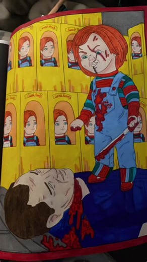 #adultcoloringbook #horrorcoloringbook #chuckydoll Chucky is killing it here. Seriously though my favorite one so far. ❤️