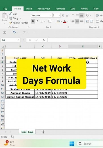|| How to use net working day formula in excel | Total working days ||