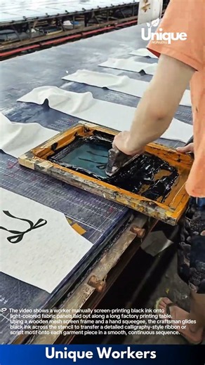 Manual Screen Printing Process: Artisan Screen-Printing Calligraphy Design on Fabric Panels