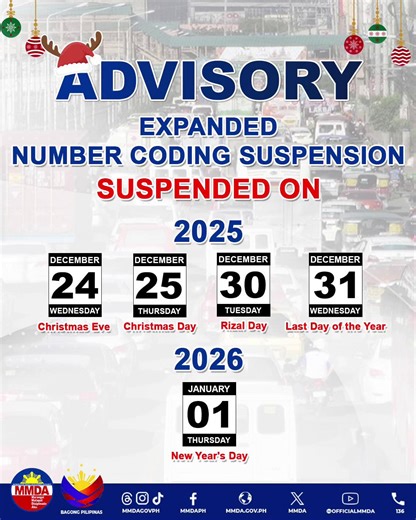 NUMBER CODING SCHEME, SUSPENDIDO SA DEC. 24, 25, 30, 31 AT JAN. 1 Sinuspinde ng Metropolitan Manila Development Authority (MMDA) ang expanded number coding scheme sa Dec. 24, 25, 30, 31 at Jan. 1. 📸: MMDA/ Facebook | GMA Public Affairs