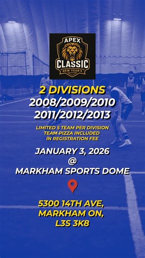 APEX ATHLETES on Instagram: "countdown is on. ⏱️ The Apex New Year Classic 2026 is where the year starts and standards are set. Elite competition. Fast-paced games. New year, new level. 🦁⚽ Divisions: • Division 1: 2008 / 2009 / 2010 • Division 2: 2011 / 2012 / 2013 📌 Reserve your team – link in bio! #ApexNewYearClassic #ApexAthletes #OntarioSoccer #TorontoSoccer #YorkRegionSoccer #DurhamRegionSoccer #PeelRegionSoccer #GTAYouthSoccer #YouthSoccer #YouthSoccerDevelopment #SoccerTournament #Compe