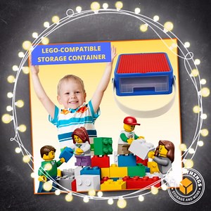 Bins & Things Bin Box Organizer for Small Toys - Travel Toy Set Carry Case with Built-in Lid - Sturdy Storage for Mini Blocks - Portable Toy Storage - Blue and Red