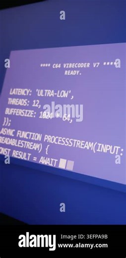 Retro computer screen displays programming code for an asynchronous stream function. The vintage blue interface features white text with technical parameters like latency and threads Stock Video Footage - Alamy