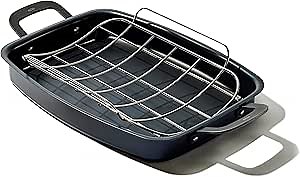 OXO Obsidian Pre-Seasoned Carbon Steel, 15" x 10.5" Roasting Pan with Stainless Steel Roaster Rack, Induction, Black