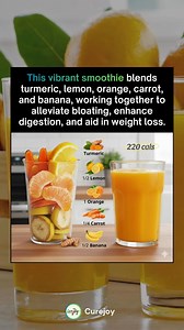 Refresh and rejuvenate with this vibrant smoothie! Packed with turmeric, lemon, orange, carrot, and banana, it’s a powerful combo that supports digestion, reduces bloating, and aids weight loss—all in one sip. 🍹✨ | Curejoy