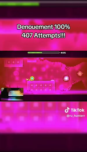 Denouement 100% 407 Attempts. Literally all I had to do was watch a 5 second video of the wave to get the click pattern and it was free after that. #fyp #geometrydash #gd #fypシ゚viral #viral