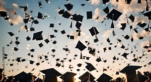 Graduation celebration. Throwing graduation caps in the air.