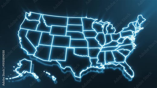 United States Glowing Map - This stock video shows a glowing map of the United States of America on a dark blue background. The map highlights all fifty states with a sleek, modern aesthetic.