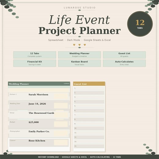 Life Event Project Planner Spreadsheet Botanical, Wedding Budget Tracker Google Sheets Excel - Etsy
