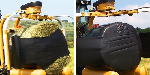 This machine wraps hay bales in seconds