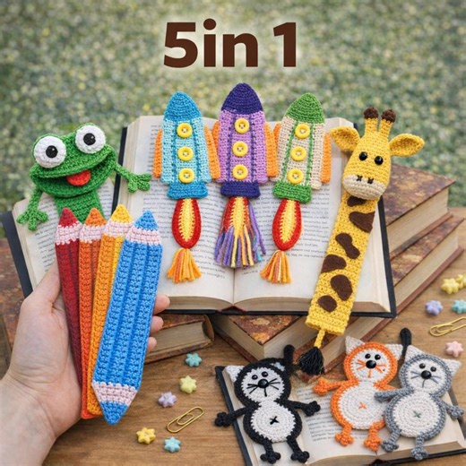 5-in-1 Crochet Bookmark Pattern PDF | Frog, Cat, Giraffe, Rocket, Pencil | Easy Beginner - Etsy