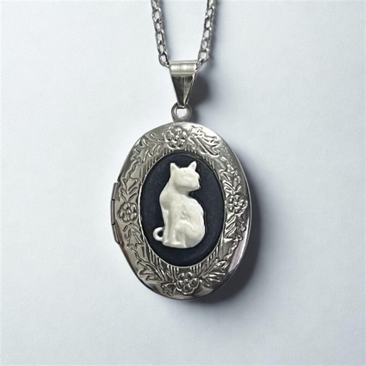 Cat Locket Necklace for Photo, Stainless Steel Oval Picture Pendant, Customizable Cat Cameo Jewelry, Gothic Pet Memorial Gift - Etsy