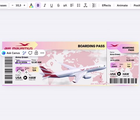 Editable Air Mauritius Airlines Boarding Pass Invitation, Surprise Travel Ticket (print Template) - Etsy