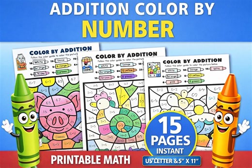 Addition Color by Number Worksheets | Math Coloring Pages for Kids | Printable PDF Activity | Kindergarten 1st Grade Math | Homeschool Sheet - Etsy