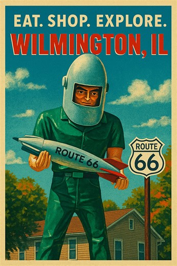 Last weekend’s small town adventure took us to Wilmington, IL along historic Route 66. Lunch at Wilmington House Family Restaurant, a little magic shopping at Mystical Boutique On Rt.66, and a visit to the Gemini Giant ☕💫🛣️ Small towns truly have the best stories. Eat. Shop. Explore. Illinois. 🌻 #eatshopexploreillinois #route66illinois #wilmingtonillinois #smalltowndaytrip #illinoistravel | Eat, Shop, Explore - Illinois