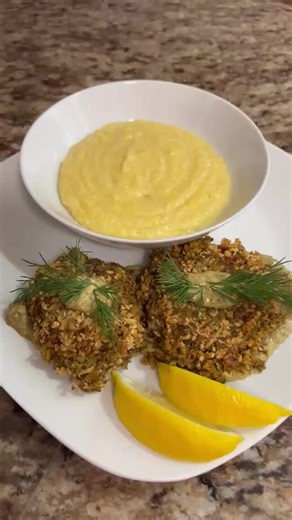 Vegan crab cakes w/homemade remoulade & smoked gouda grits #vegan #chef #michigan #fyp #food